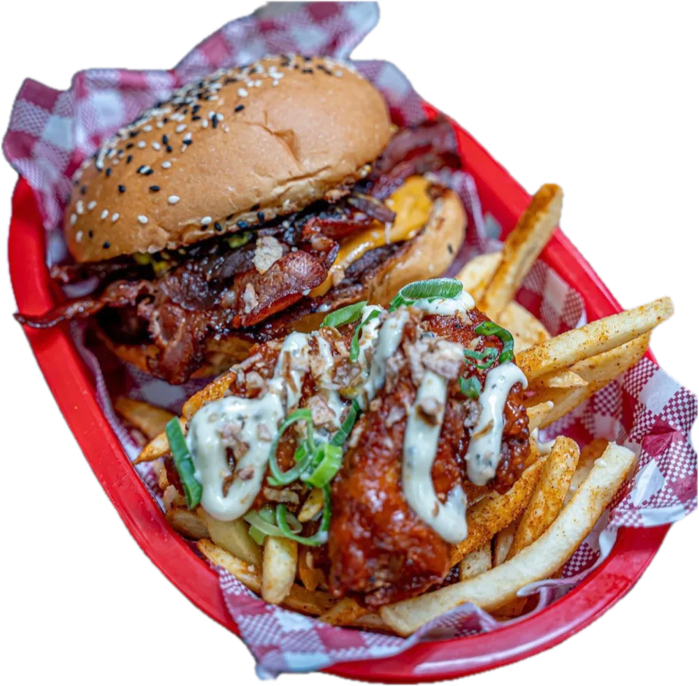 Moobi bacon cheeseburger and loaded fries in a basket